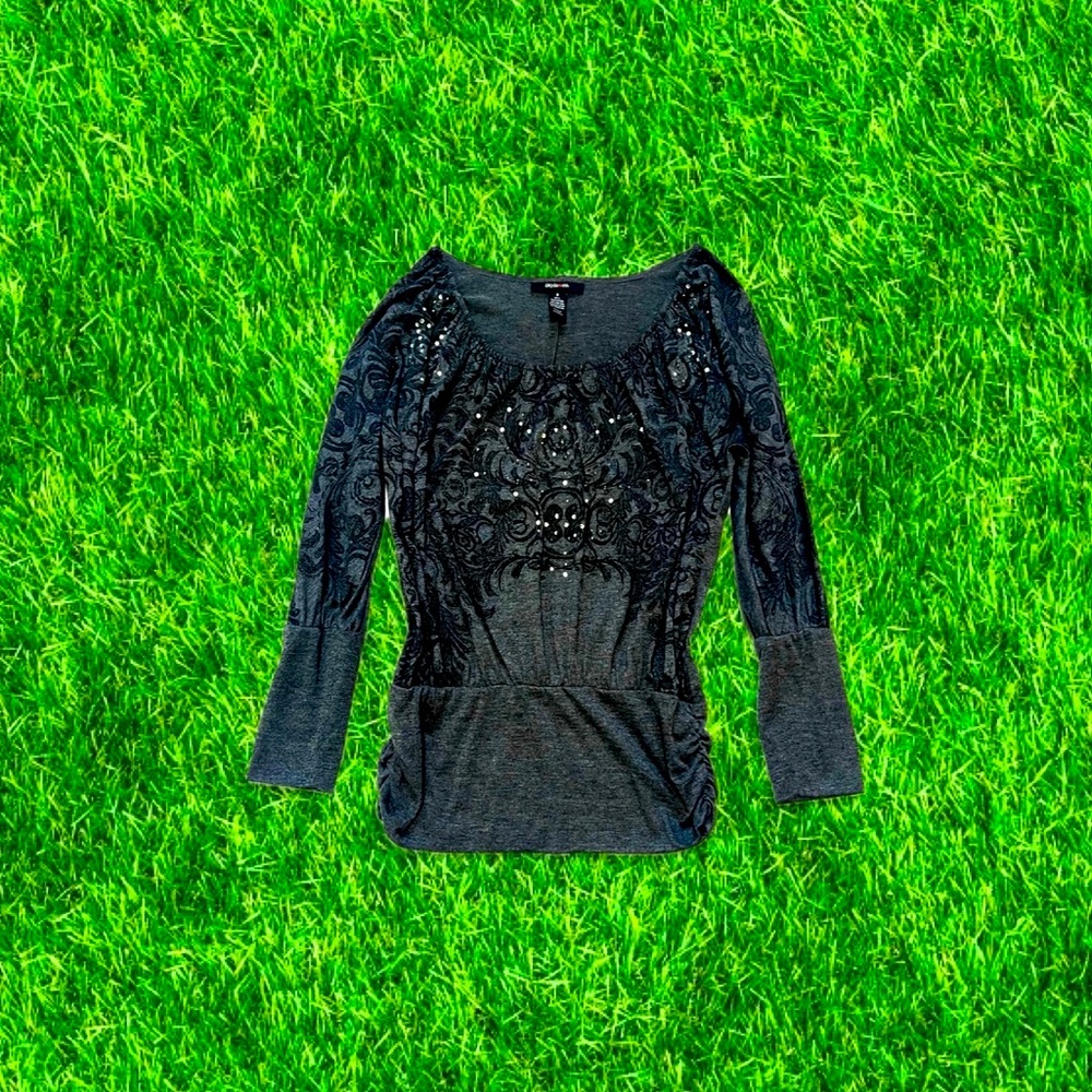 vtg y2k whimsygoth grungey graphic rhinestone blouse